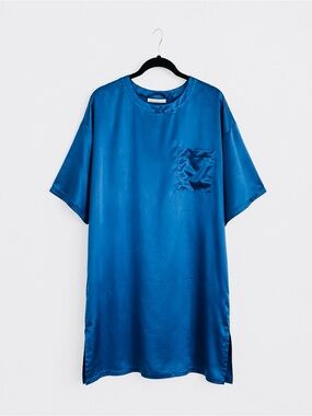 Blue Satin Short-Sleeve Pocket Shirt